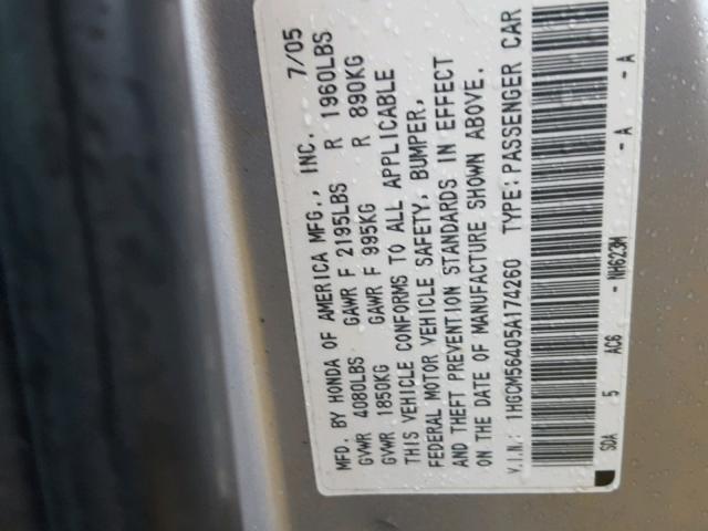 1HGCM56405A174260 - 2005 HONDA ACCORD LX SILVER photo 10