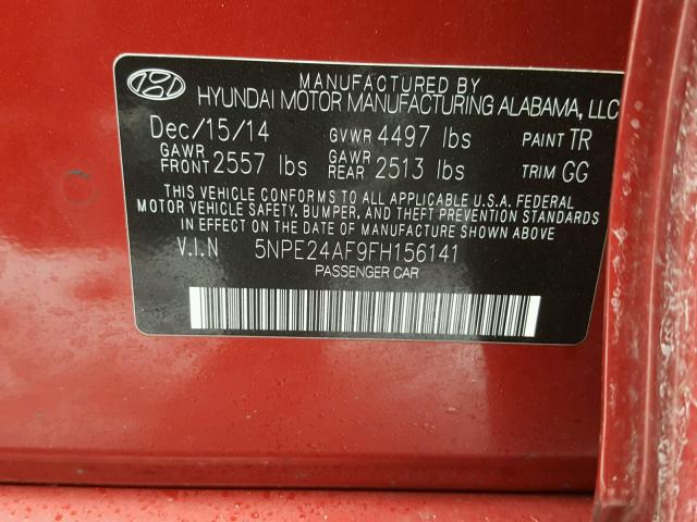 5NPE24AF9FH156141 - 2015 HYUNDAI SONATA SE RED photo 10