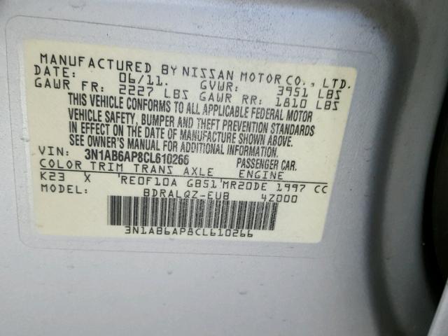 3N1AB6AP8CL610266 - 2012 NISSAN SENTRA 2.0 SILVER photo 10