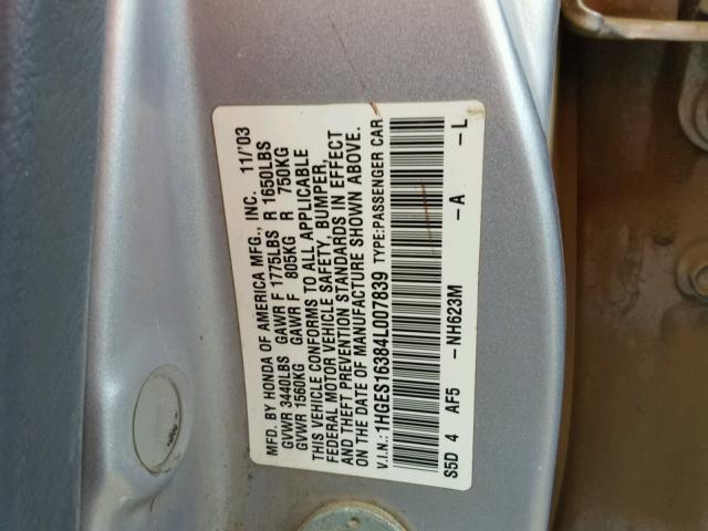 1HGES16384L007839 - 2004 HONDA CIVIC DX V SILVER photo 10