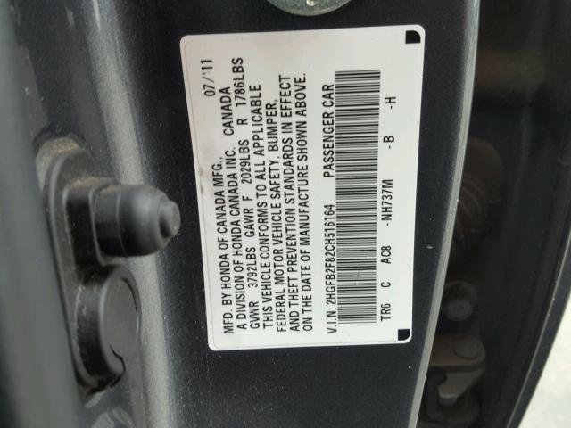 2HGFB2F82CH516164 - 2012 HONDA CIVIC EX GRAY photo 10