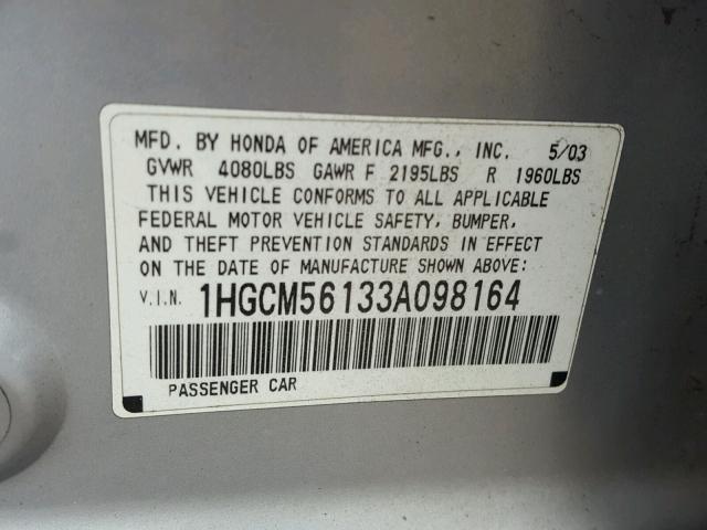 1HGCM56133A098164 - 2003 HONDA ACCORD DX SILVER photo 10