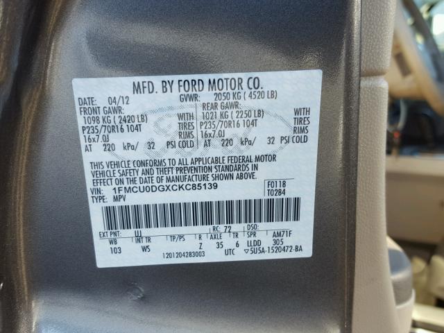 1FMCU0DGXCKC85139 - 2012 FORD ESCAPE XLT CHARCOAL photo 10