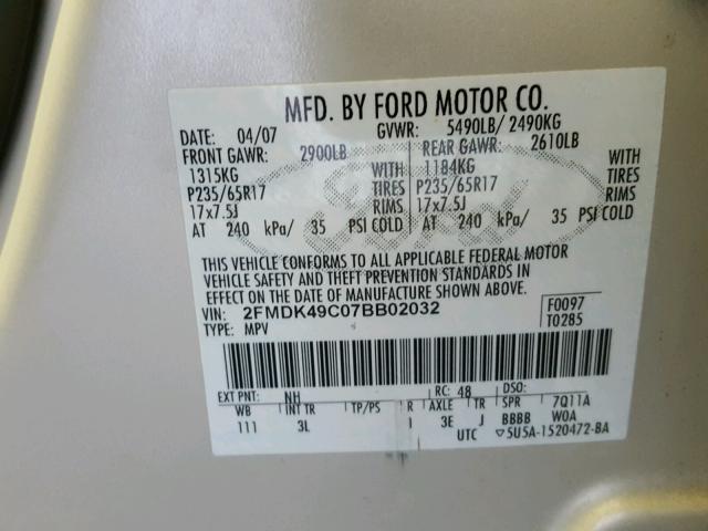 2FMDK49C07BB02032 - 2007 FORD EDGE SEL P GREEN photo 10