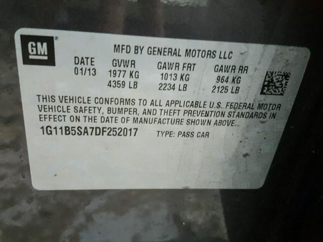 1G11B5SA7DF252017 - 2013 CHEVROLET MALIBU LS ნაცრისფერი ფოტო 10