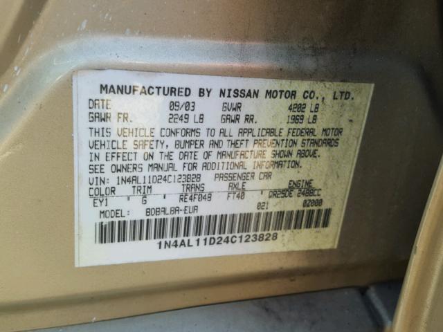 1N4AL11D24C123828 - 2004 NISSAN ALTIMA BAS GOLD photo 10