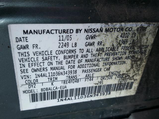 1N4AL11D36N343938 - 2006 NISSAN ALTIMA S GREEN photo 10