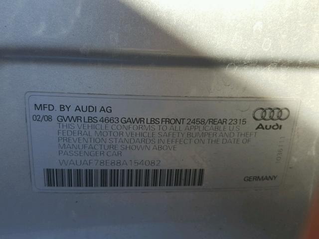 WAUAF78E88A154082 - 2008 AUDI A4 2.0T SILVER photo 10