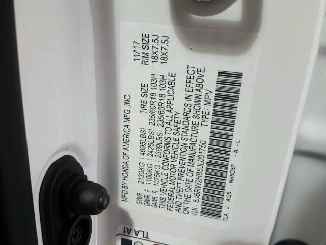 5J6RW2H85JL001750 - 2018 HONDA CR-V EXL WHITE photo 10