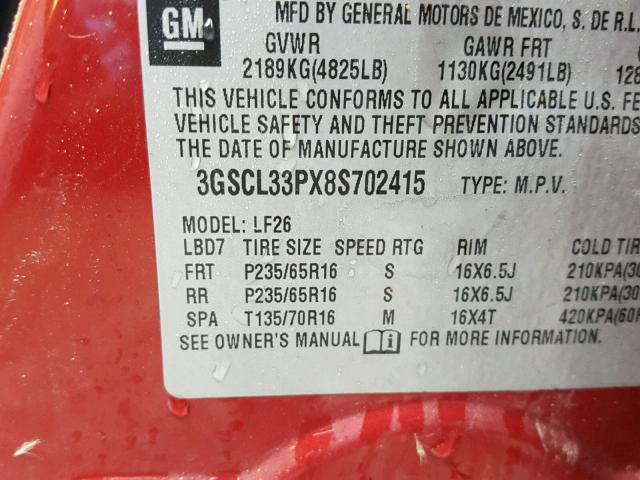 3GSCL33PX8S702415 - 2008 SATURN VUE XE RED photo 10