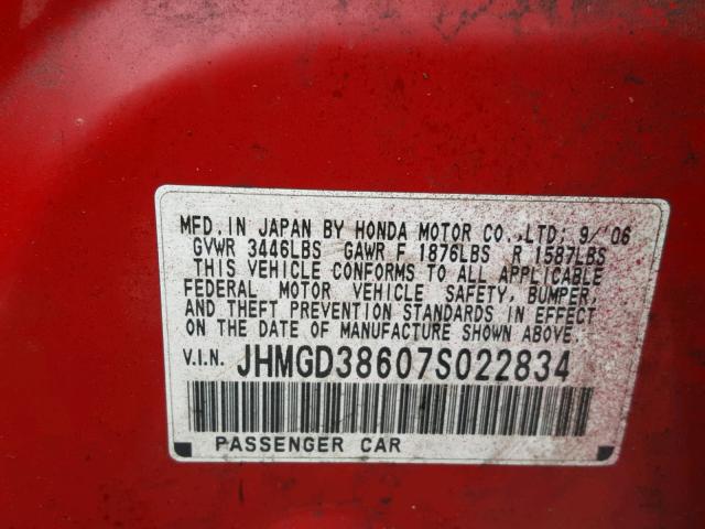 JHMGD38607S022834 - 2007 HONDA FIT S RED photo 10