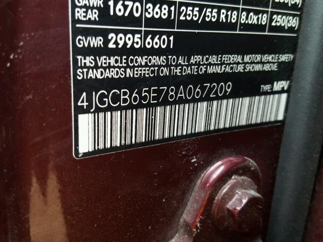 4JGCB65E78A067209 - 2008 MERCEDES-BENZ R 350 BURGUNDY photo 10