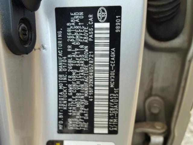 4T1BF32K64U578721 - 2004 TOYOTA CAMRY LE SILVER photo 10