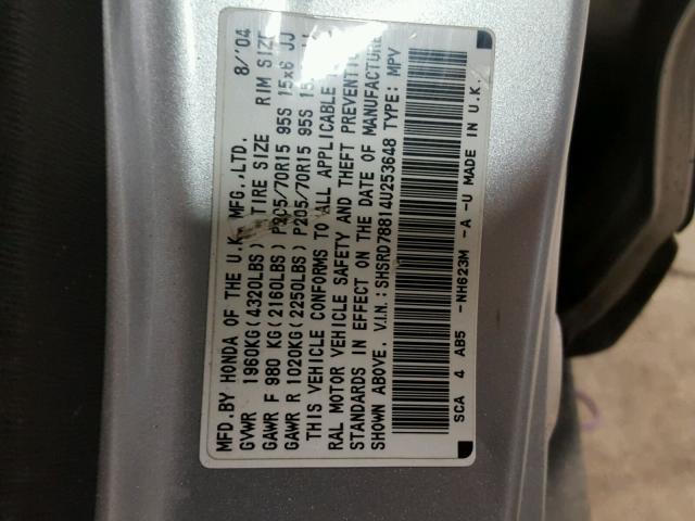 SHSRD78814U253648 - 2004 HONDA CR-V EX SILVER photo 10