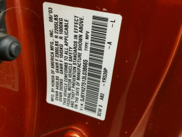 5J6YH27513L038665 - 2003 HONDA ELEMENT EX ORANGE photo 10