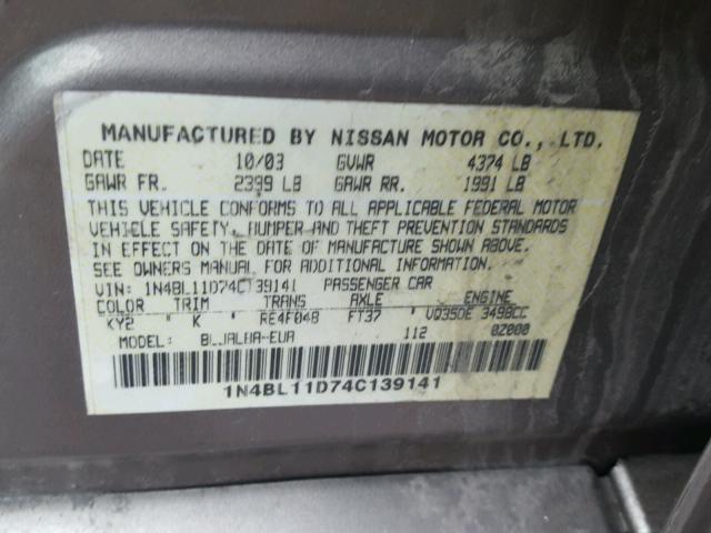 1N4BL11D74C139141 - 2004 NISSAN ALTIMA SE GOLD photo 10