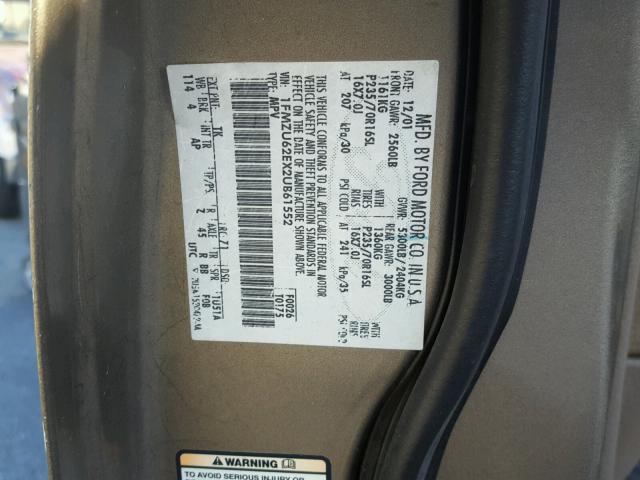 1FMZU62EX2UB61552 - 2002 FORD EXPLORER X GRAY photo 10