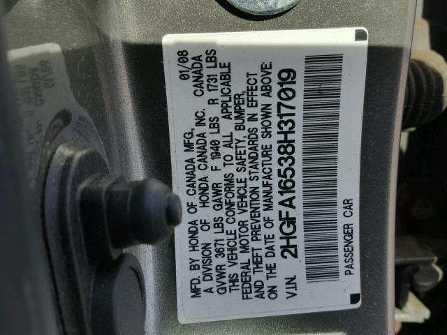 2HGFA16538H317019 - 2008 HONDA CIVIC LX SILVER photo 10