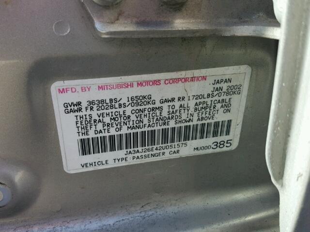 JA3AJ26E42U051575 - 2002 MITSUBISHI LANCER ES SILVER photo 10