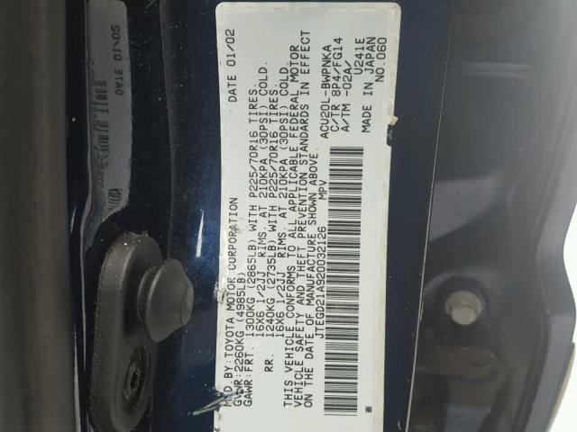 JTEGD21A920032126 - 2002 TOYOTA HIGHLANDER BLUE photo 10