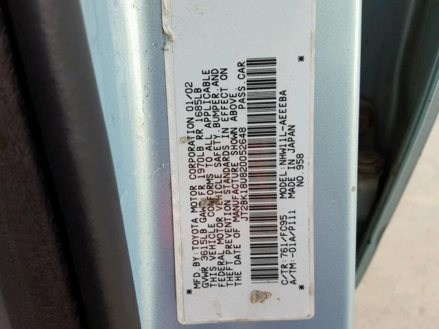 JT2BK18U820052648 - 2002 TOYOTA PRIUS BLUE photo 10