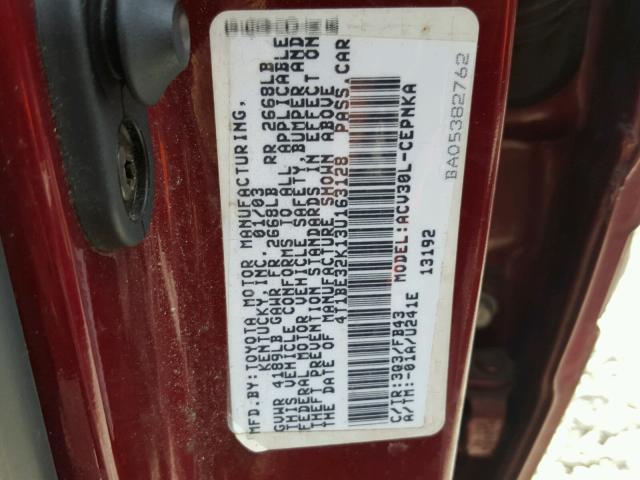 4T1BE32K13U163128 - 2003 TOYOTA CAMRY LE BURGUNDY photo 10