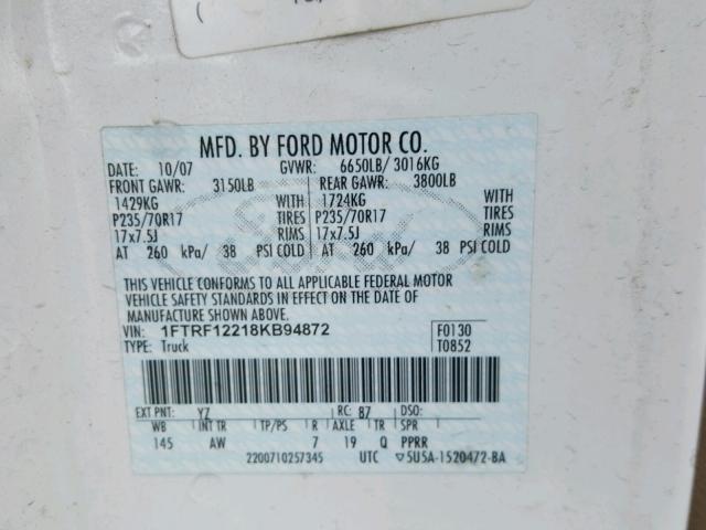 1FTRF12218KB94872 - 2008 FORD F150 WHITE photo 10