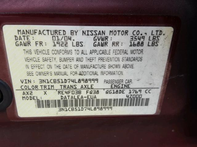 3N1CB51D74L898999 - 2004 NISSAN SENTRA 1.8 RED photo 10