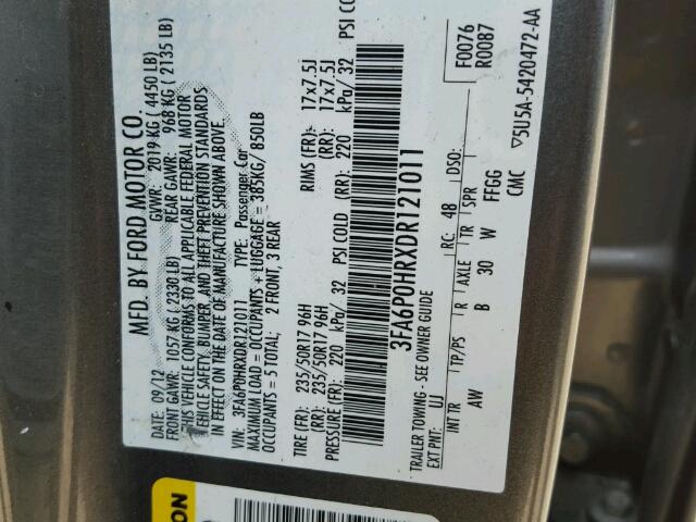 3FA6P0HRXDR121011 - 2013 FORD FUSION SE CHARCOAL photo 10