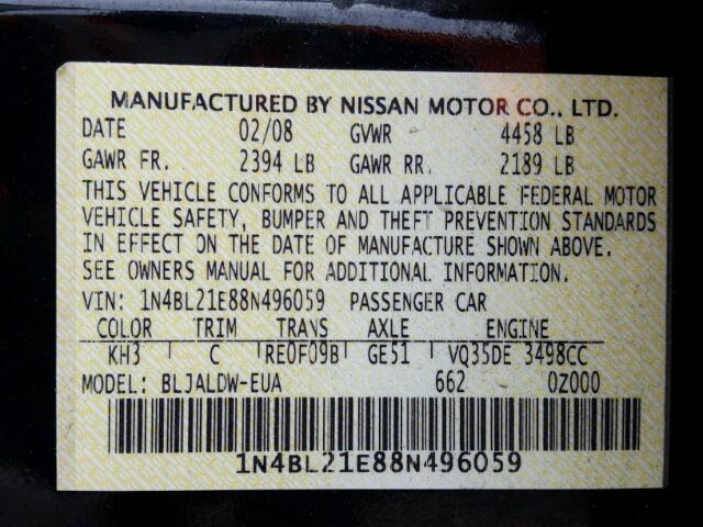 1N4BL21E88N496059 - 2008 NISSAN ALTIMA 3.5 BLACK photo 10