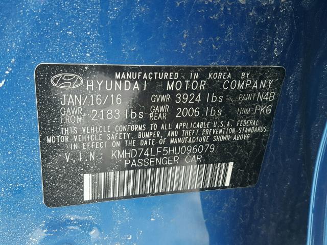 KMHD74LF5HU096079 - 2017 HYUNDAI ELANTRA SE BLUE photo 10