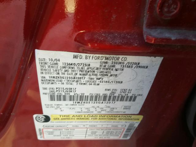 1FMZK05125GA12017 - 2005 FORD FREESTYLE RED photo 10