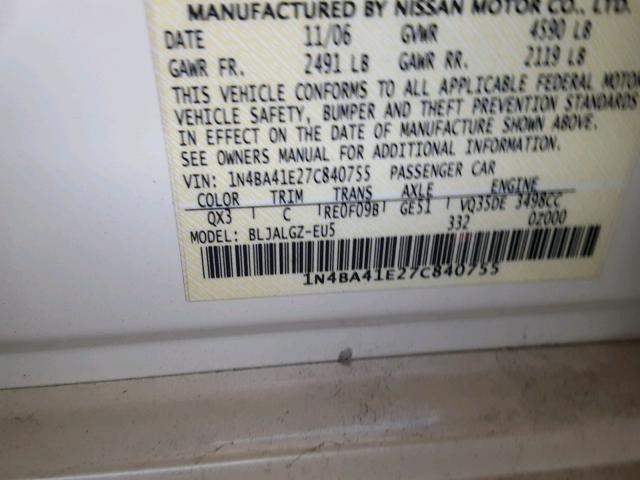 1N4BA41E27C840755 - 2007 NISSAN MAXIMA SE WHITE photo 10