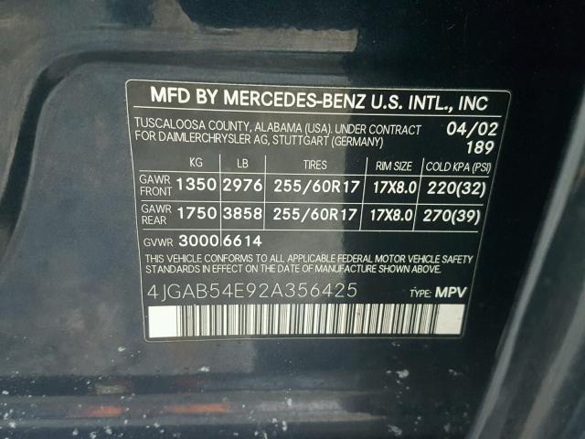 4JGAB54E92A356425 - 2002 MERCEDES-BENZ ML 320 GRAY photo 10