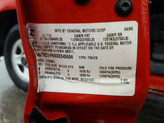 1GTEC14W6XE545604 - 1999 GMC NEW SIERRA RED photo 10