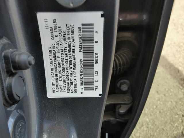 2HGFB2F89CH540929 - 2012 HONDA CIVIC EX GRAY photo 10