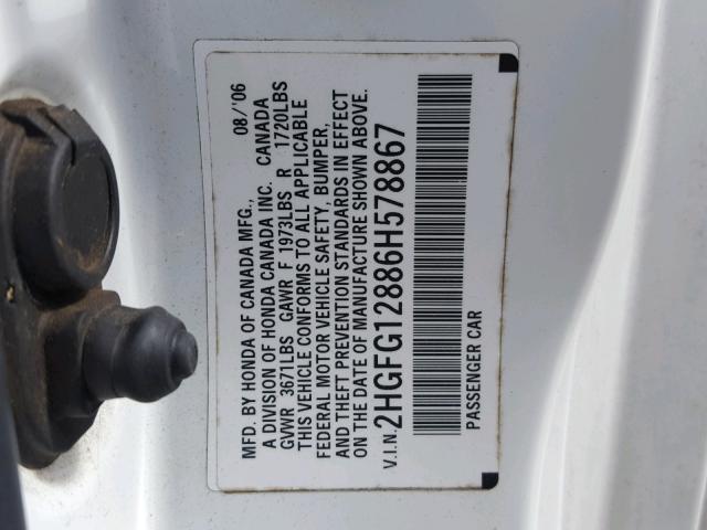 2HGFG12886H578867 - 2006 HONDA CIVIC EX თეთრი ფოტო 10
