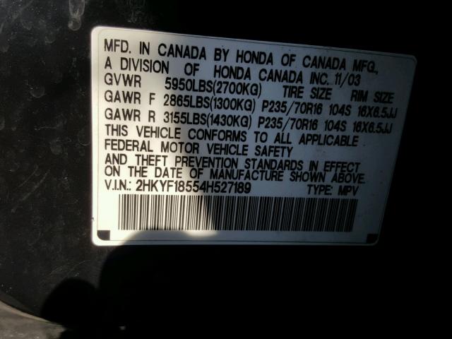 2HKYF18554H527189 - 2004 HONDA PILOT EXL BLACK photo 10