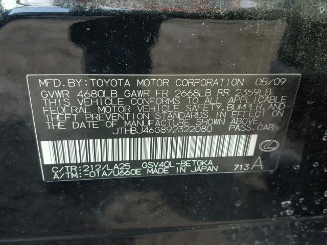 JTHBJ46G892322080 - 2009 LEXUS ES 350 BLACK photo 10