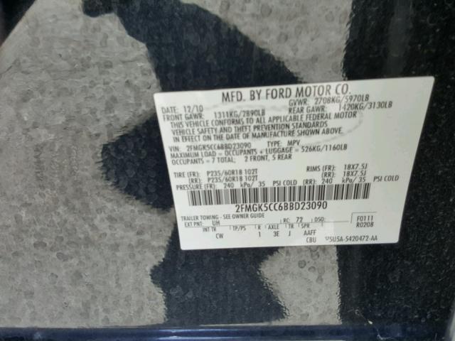 2FMGK5CC6BBD23090 - 2011 FORD FLEX SEL შავი ფოტო 10