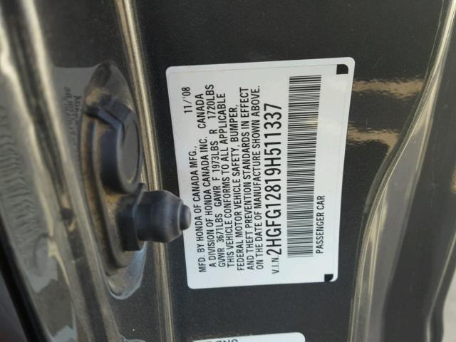 2HGFG12819H511337 - 2009 HONDA CIVIC EX ნაცრისფერი ფოტო 10