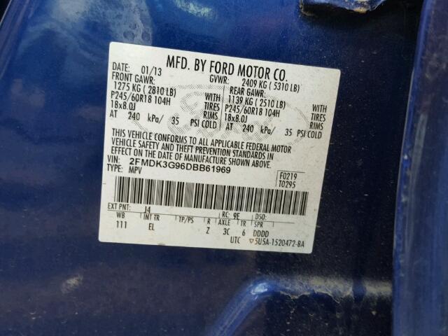 2FMDK3G96DBB61969 - 2013 FORD EDGE SE BLUE photo 10