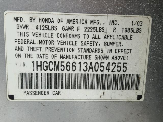 1HGCM56613A054255 - 2003 HONDA ACCORD EX SILVER photo 10