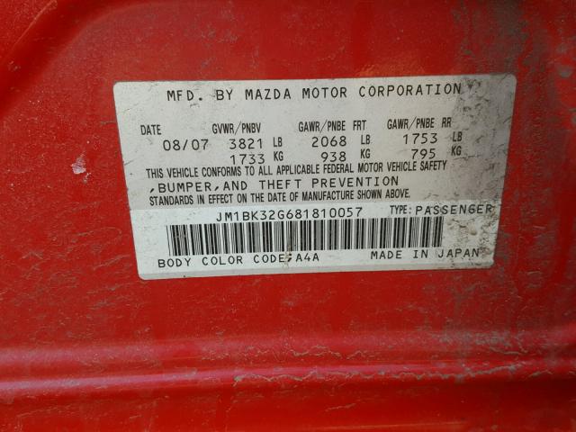 JM1BK32G681810057 - 2008 MAZDA 3 I RED photo 10