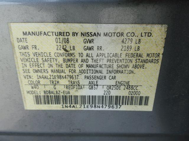 1N4AL21E98N479637 - 2008 NISSAN ALTIMA 2.5 GRAY photo 10