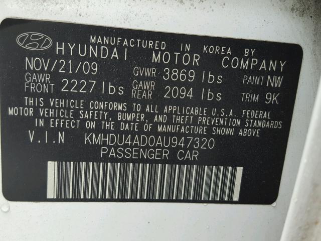 KMHDU4AD0AU947320 - 2010 HYUNDAI ELANTRA BL WHITE photo 10