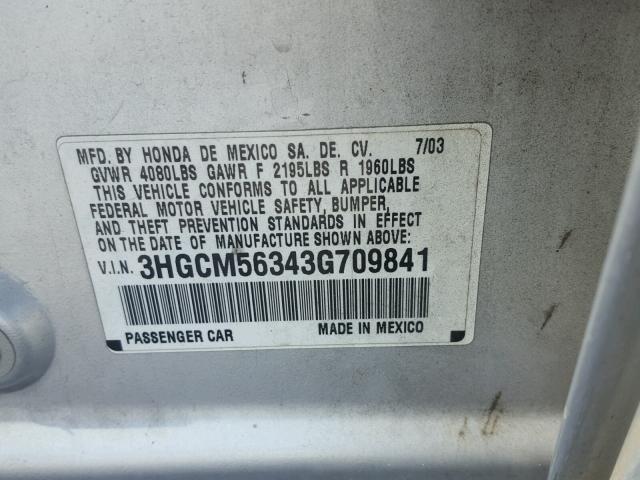 3HGCM56343G709841 - 2003 HONDA ACCORD LX SILVER photo 10