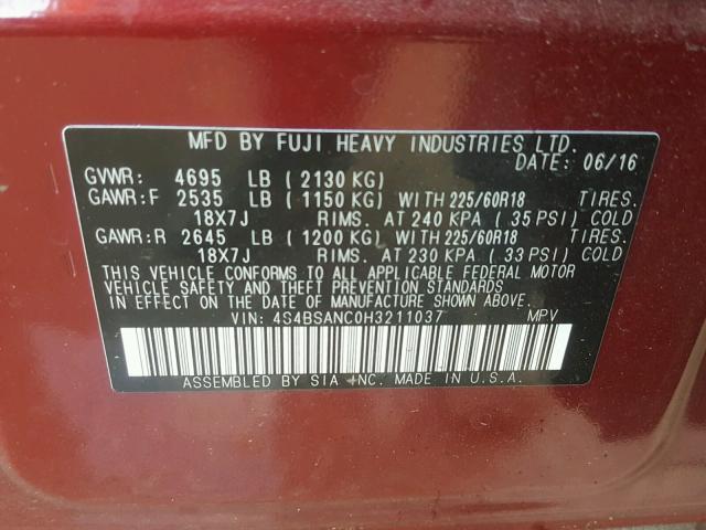 4S4BSANC0H3211037 - 2017 SUBARU OUTBACK 2. RED photo 10