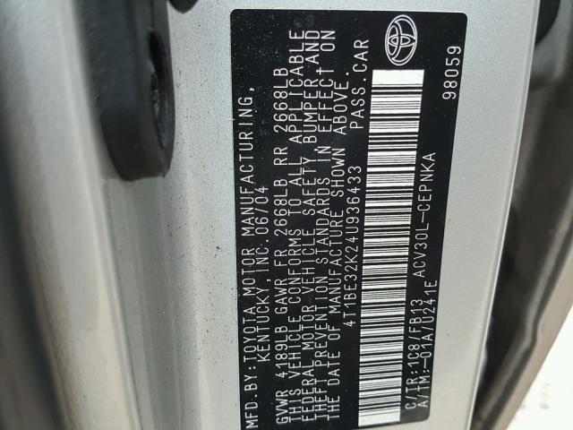 4T1BE32K24U936433 - 2004 TOYOTA CAMRY LE SILVER photo 10