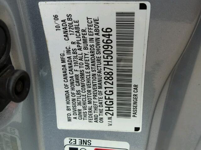 2HGFG12887H509646 - 2007 HONDA CIVIC EX SILVER photo 10